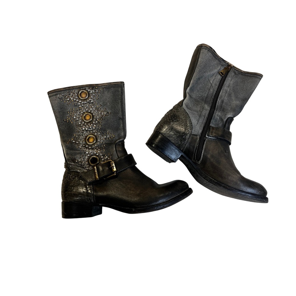 We Are Original Mid Calf Boot Women 36 Gray Good Studded Grommet Moto Made Italy